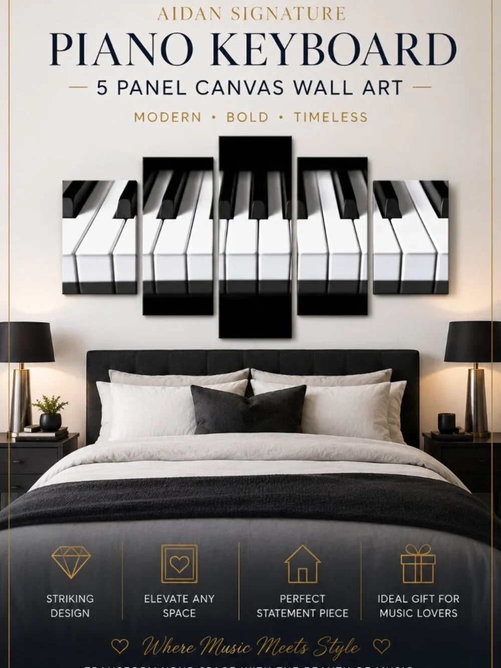 5 Panel Piano Keyboard Canvas Wall Art Black White Modern Music Decor